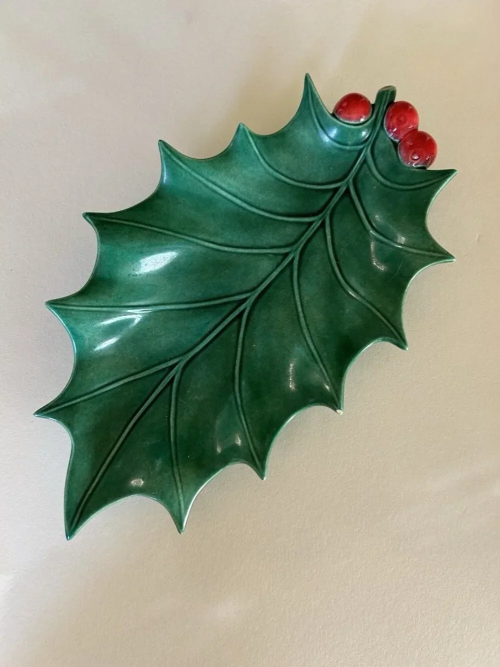 Vintage Christmas Candy Dish Holly Leaf With Berries